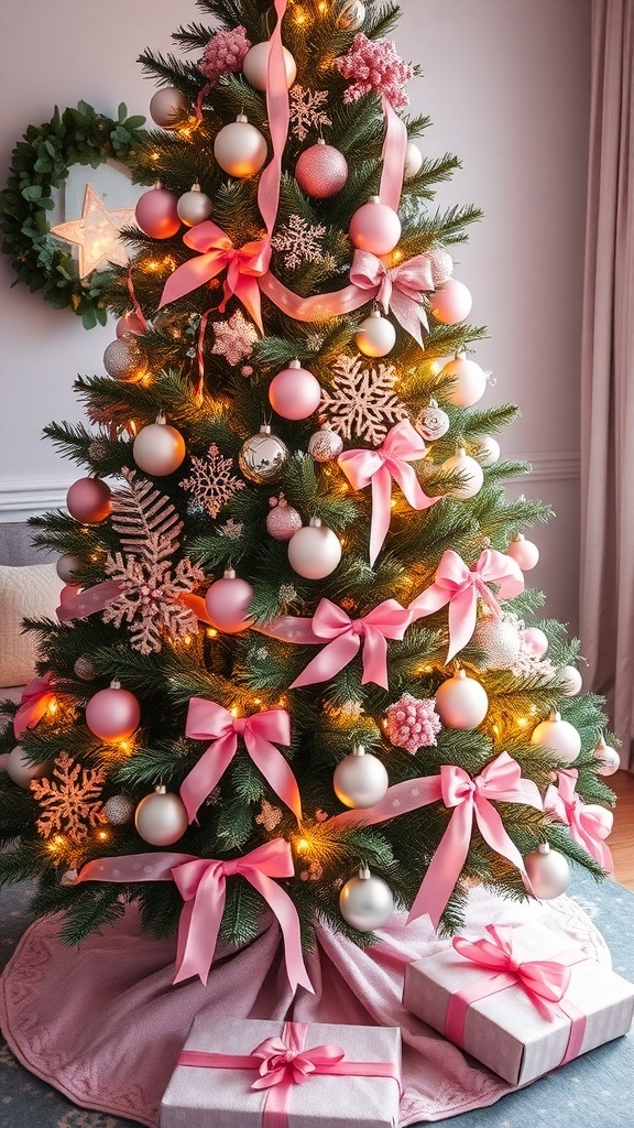 Pink Christmas Ornament Tree Decoration A pink Christmas tree decorated with pink ornaments and lights in a cozy living room.